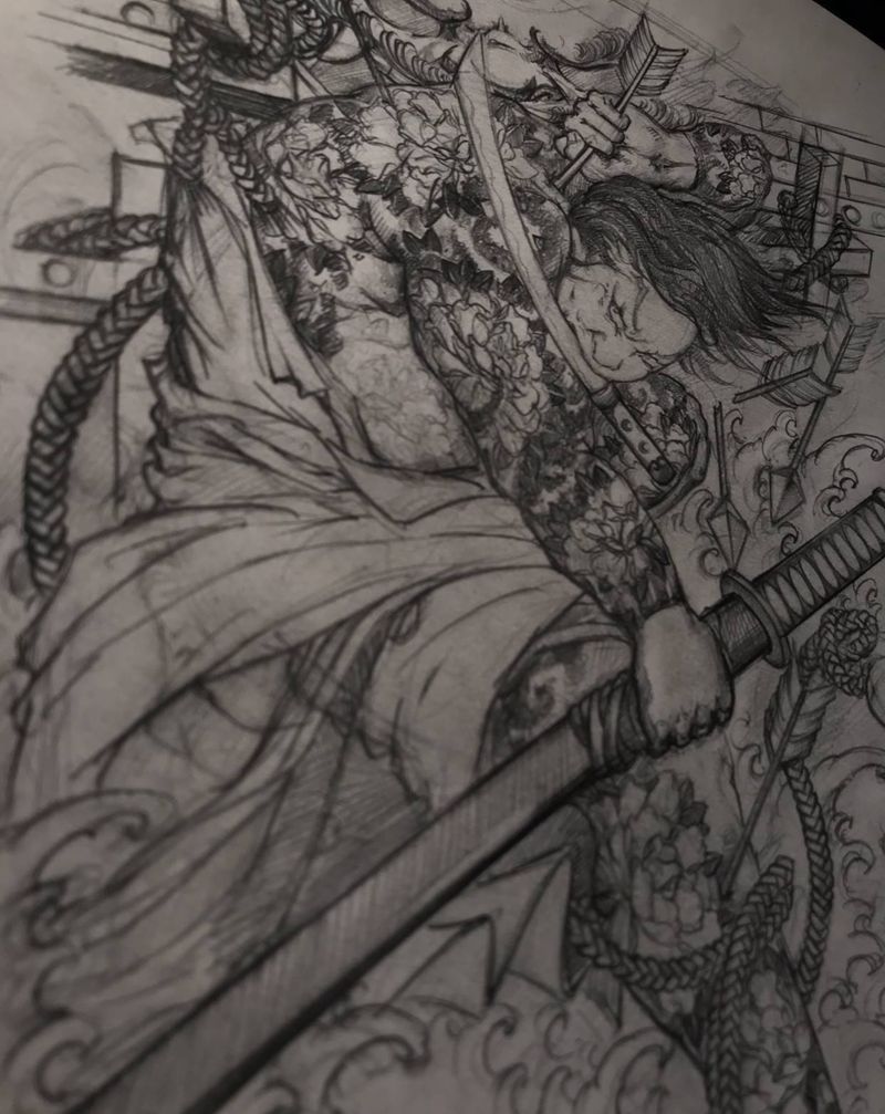 梁山海军本部大将纹身图片_背部新传统纹身图案