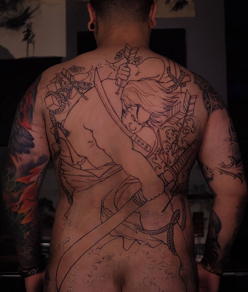 张顺纹身图片_背部新传统张顺破水门纹身图案