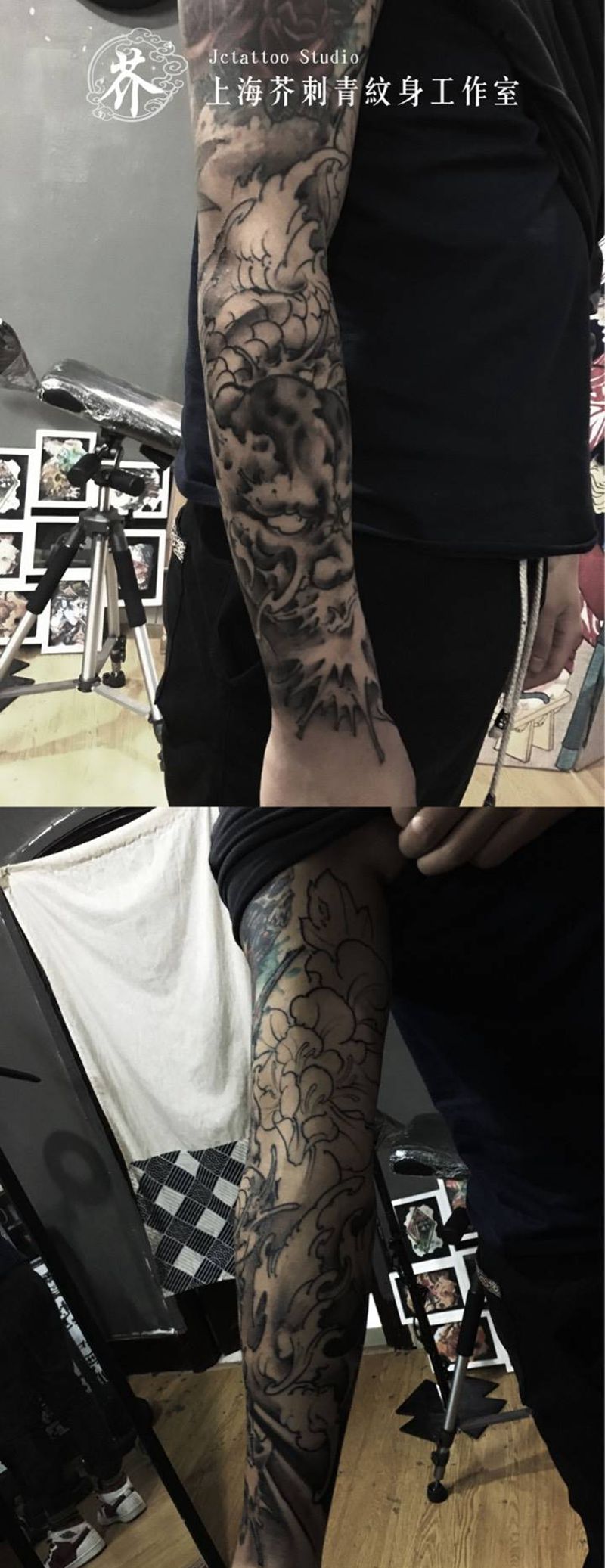 龙臂拼接 黑灰部分over纹身图片_手稿手臂传统国画鬼神原创宗教纹身图案