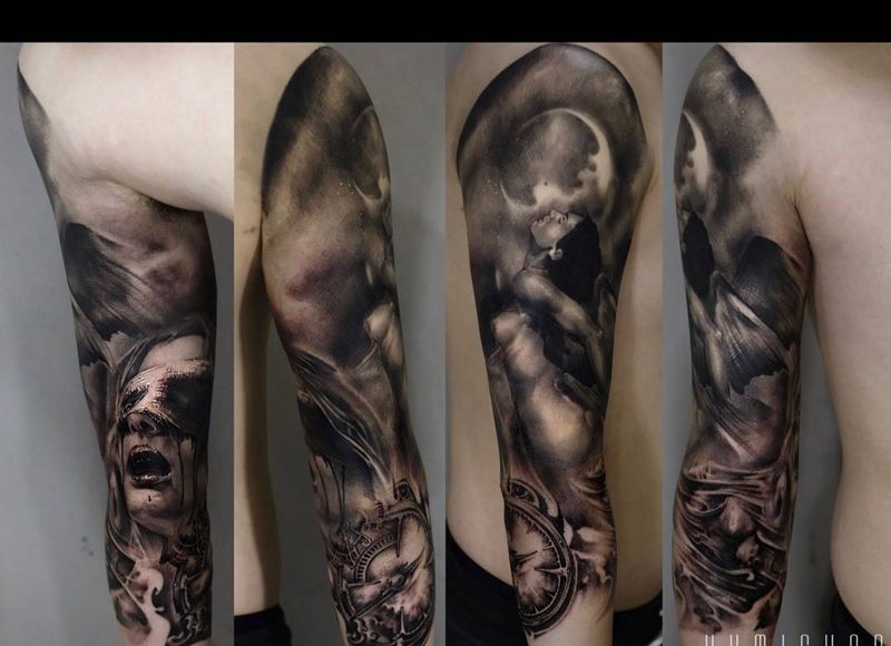 素描写实纹身图片_手稿成品手臂习俗肖像传统写实原创人物鬼神纹身图案