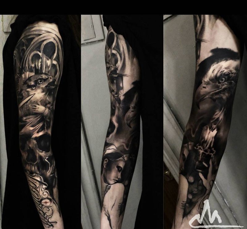 拼接素描写实_进度纹身图片_成品手臂腿部手稿原创人物宗教动物欧美写实纹身图案