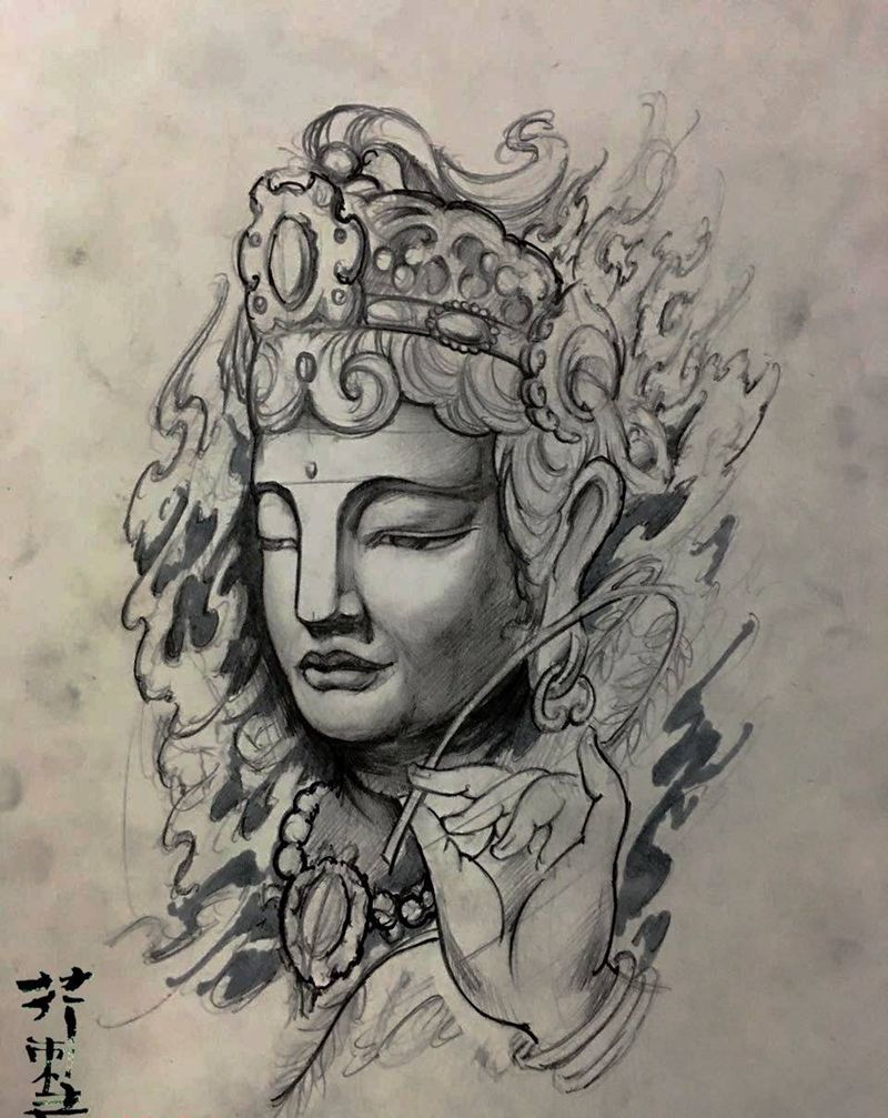 《文殊》预约手稿。纹身图片_手稿成品手臂背部腿部传统国画原创鬼神宗教纹身图案