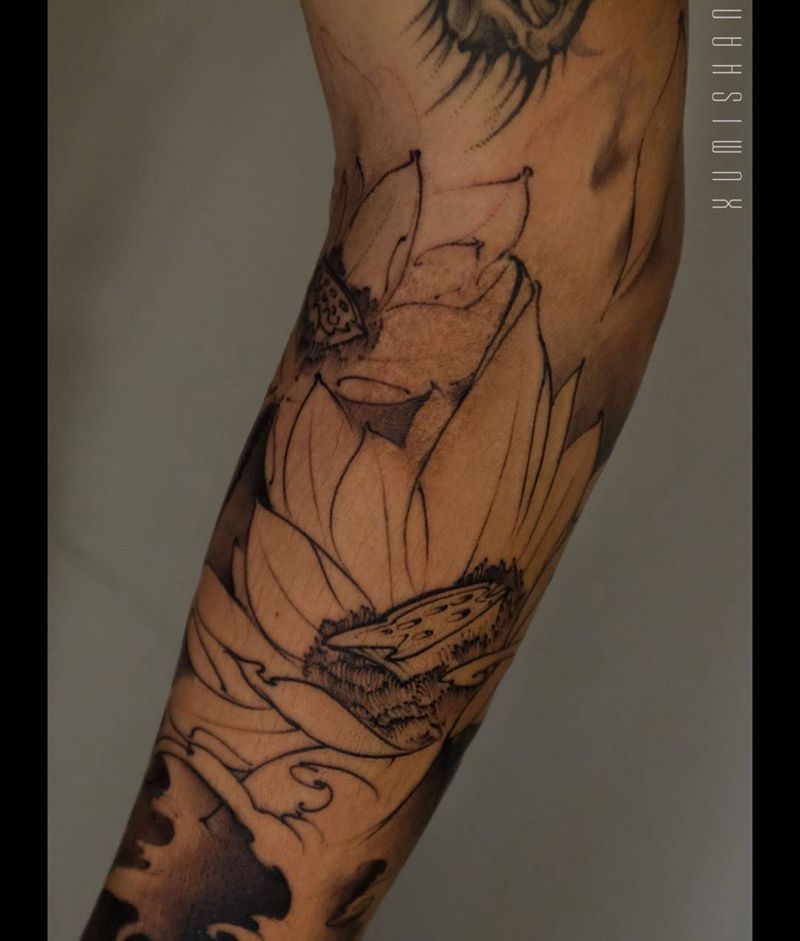 莲_进度纹身图片_手稿手臂传统习俗国画原创静物植物清新纹身图案