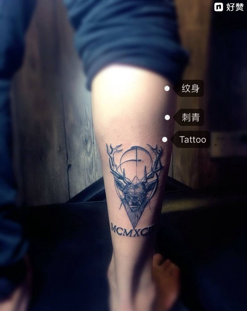 速写鹿头纹身图片_成品腿部清新传统欧美动物字符纹身图案