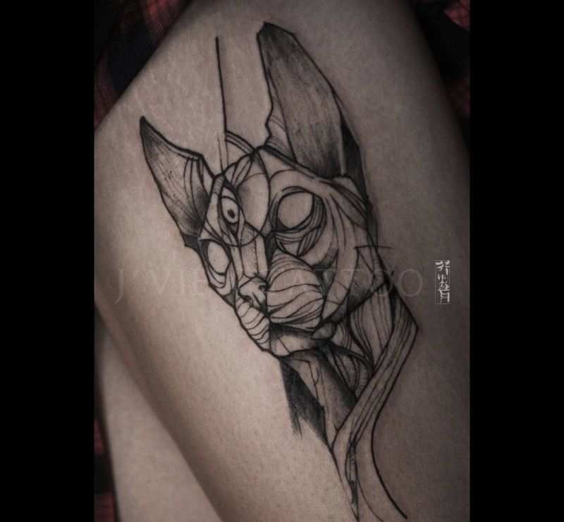 Sphynx纹身图片_手稿成品手臂腿部清新欧美动物原创几何纹身图案