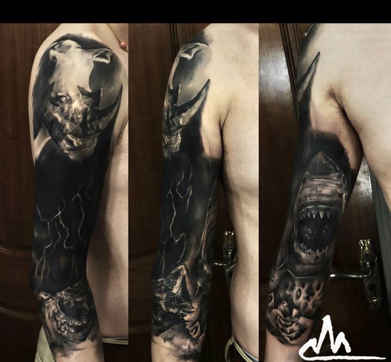 遮盖_犀牛鳄龟大白鲨纹身图片_成品手稿手臂写实欧美原创动物静物清新纹身图案