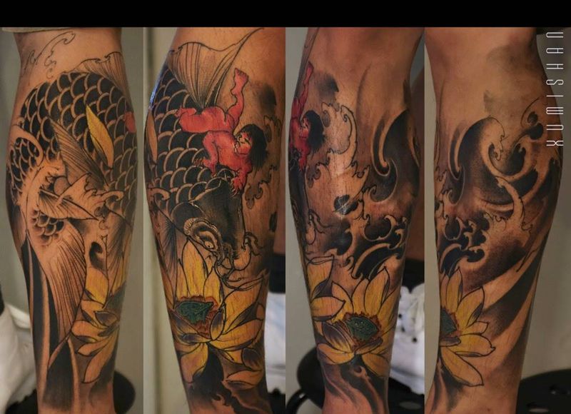 抱鲤纹身图片_手稿成品腿部传统习俗原创人物动物宗教国画纹身图案