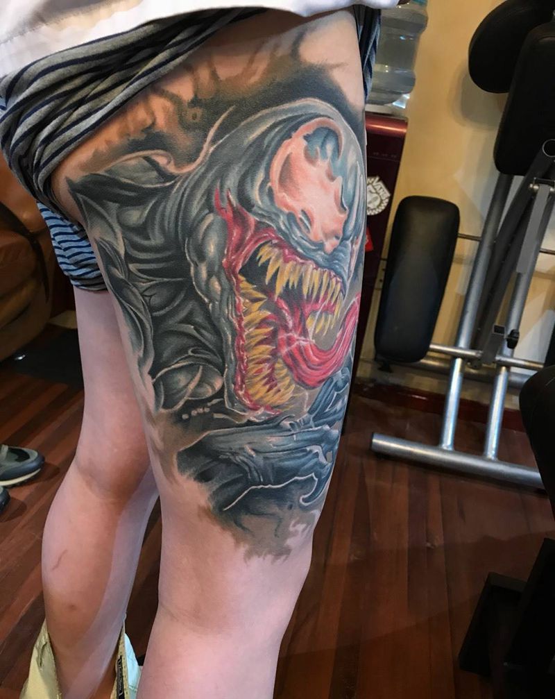 欧美重彩 毒液恢复后纹身图片_成品腿部欧美写实鬼神动物猿刺青肖像纹身图案