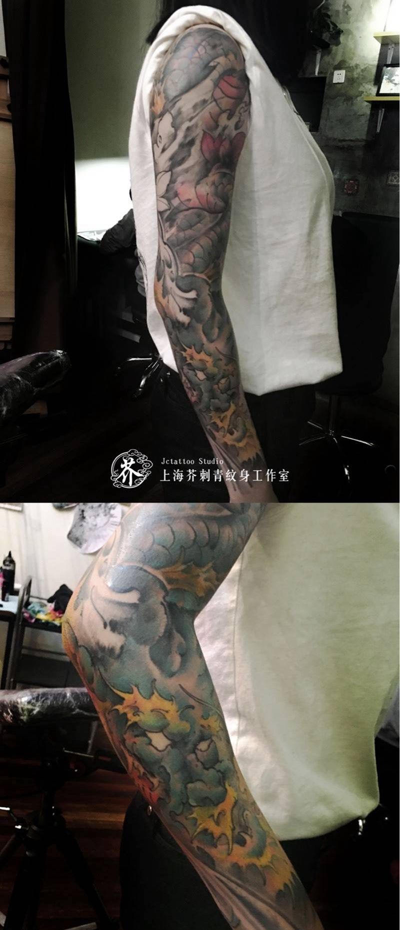女生龙包臂纹身图片_手臂传统鬼神宗教原创成品纹身图案