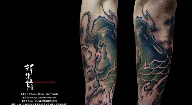 绿•鲤纹身图片_手稿成品手臂腿部国画传统鬼神原创动物纹身图案