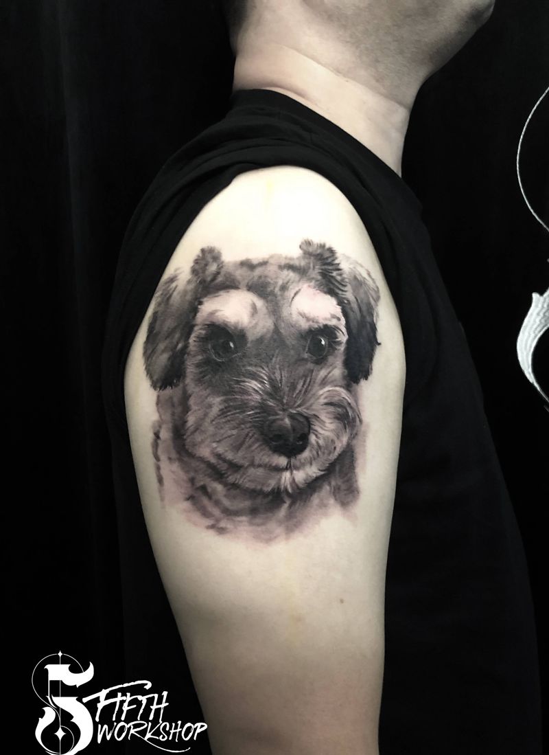 雪纳瑞 写实纹身图片_手臂欧美写实狗宠物雪纳瑞纹身图案