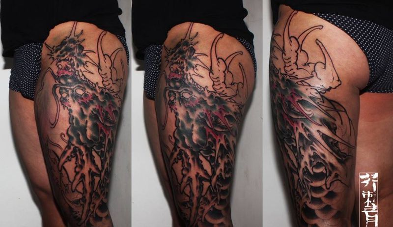 大腿龙 进度1️⃣纹身图片_手稿成品手臂腿部传统国画习俗鬼神原创动物纹身图案