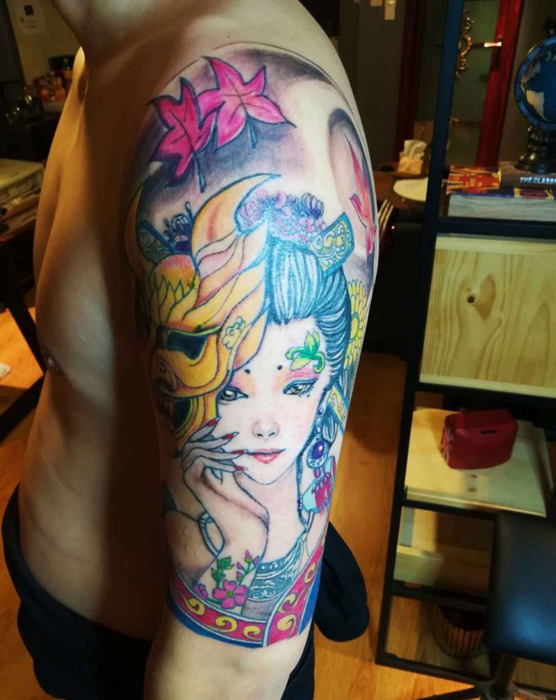 艺妓纹身图片_肩部纹身图案