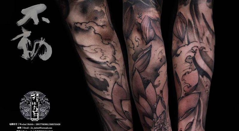 飛動珠落下——纹身图片_手稿成品原创植物传统欧美清新国画手臂腿部纹身图案