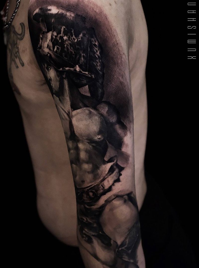 角斗士 进度纹身图片_手稿成品手臂肖像写实欧美原创人物纹身图案