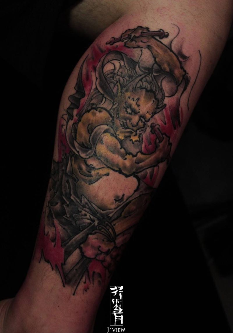 雷神收尾纹身图片_成品手稿腿部传统国画习俗原创鬼神宗教纹身图案