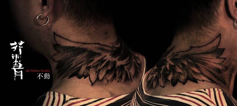 后颈遮盖。墨意臂膀纹身图片_手稿成品颈部欧美国画原创纹身图案