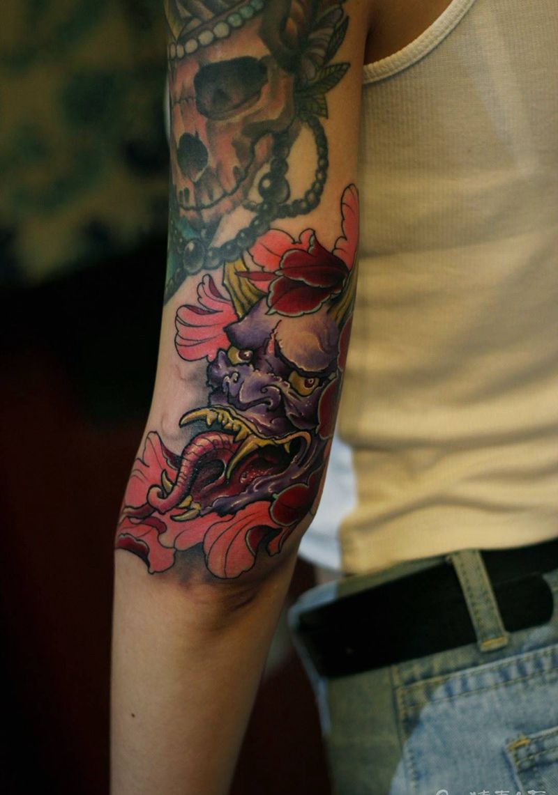 般若牡丹纹身图片_成品手臂肩部传统写实人物鬼神猿刺青纹身图案