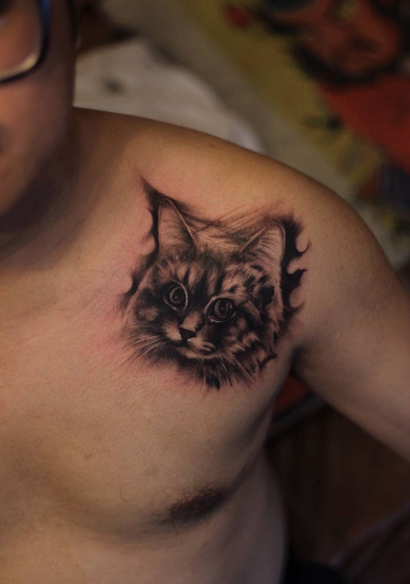 喵星人纹身图片_成品肩部胸部写实清新欧美动物纹身图案