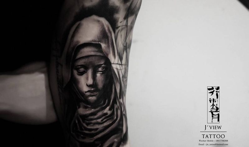 Dark Mary纹身图片_手稿成品腿部手臂写实欧美原创肖像宗教人物纹身图案