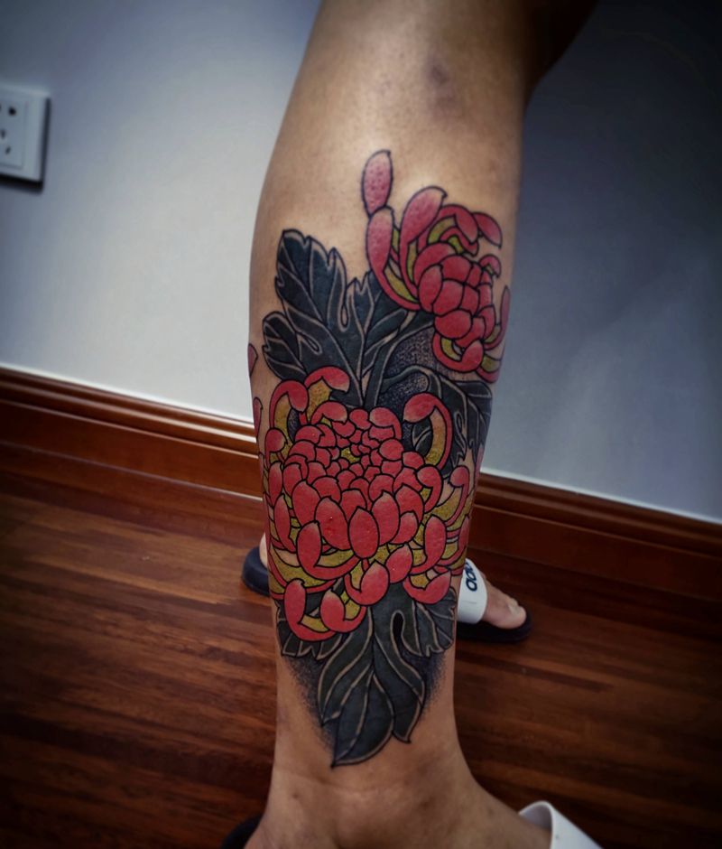 菊花纹身图片_腿部脚部老传统Old School纹身图案