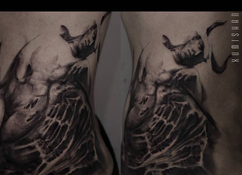 Sinner纹身图片_成品手稿腰部肖像写实欧美原创鬼神人物宗教纹身图案