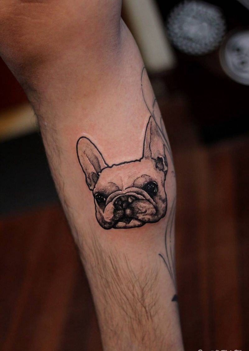 家有萌宠 小法斗纹身图片_成品腿部欧美肖像动物猿刺青纹身图案