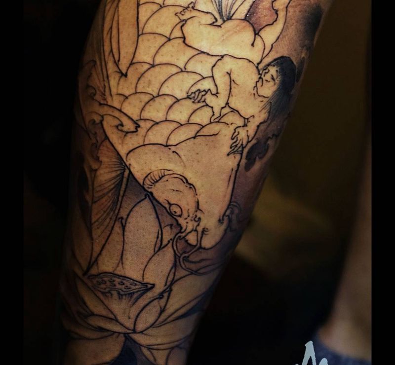 抱鲤.纹身图片_成品手稿腿部习俗国画传统原创动物人物纹身图案