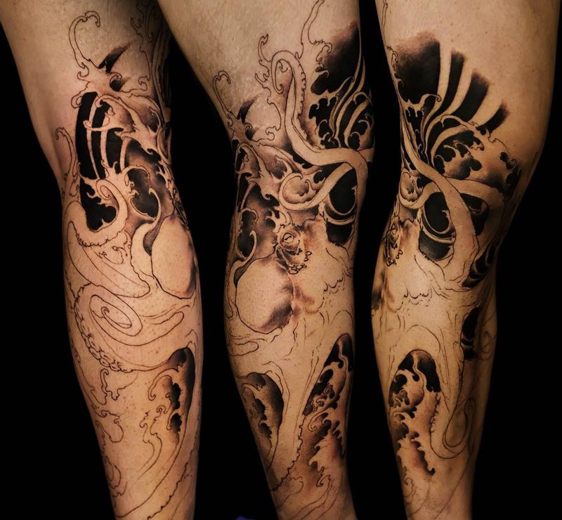 半程纹身图片_腿部新传统纹身图案