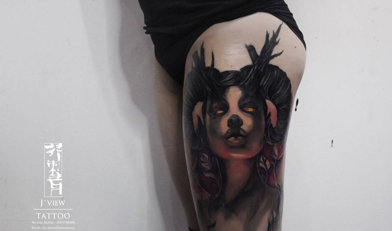 Evil Girl纹身图片_成品手稿腿部欧美肖像原创人物手臂纹身图案