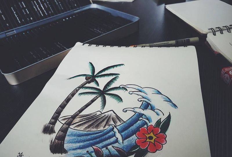 浪花也是花手稿纹身图片_手稿插画欧美植物原创静物纹身图案