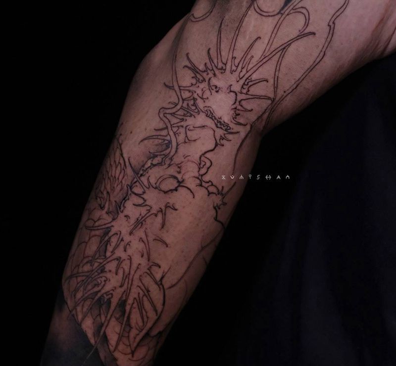 龍 进度纹身图片_手臂新传统龙纹身图案