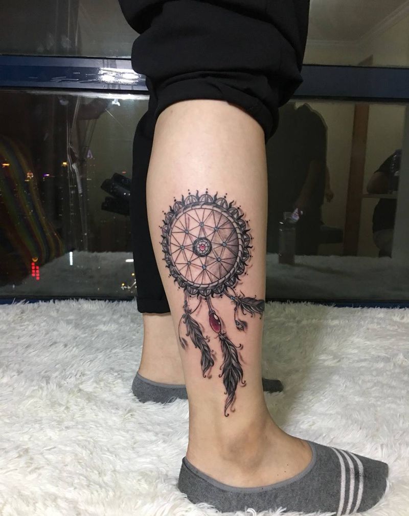 捕梦网纹身图片_成品腿部传统静物纹身图案