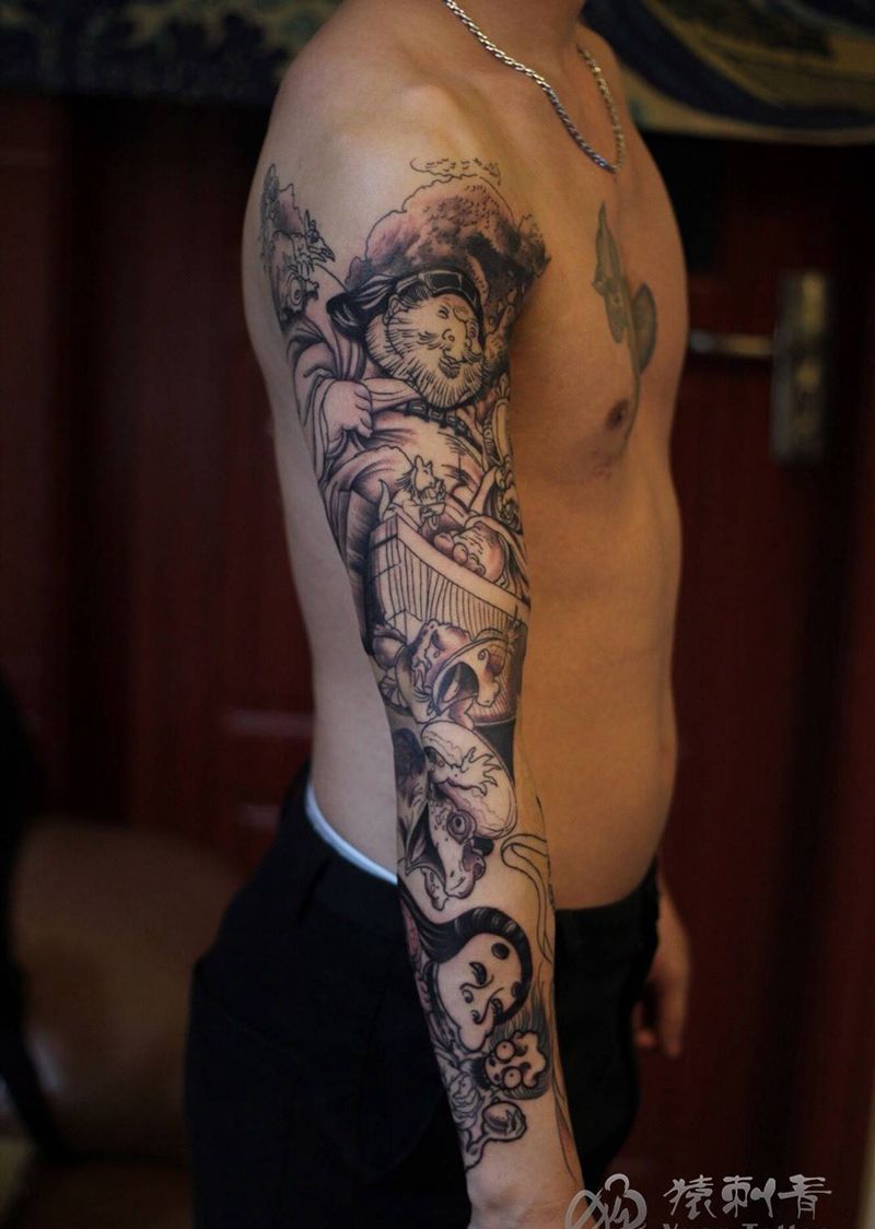 花臂纹身图片_手部手臂肩部欧美传统人物动物猿刺青纹身图案