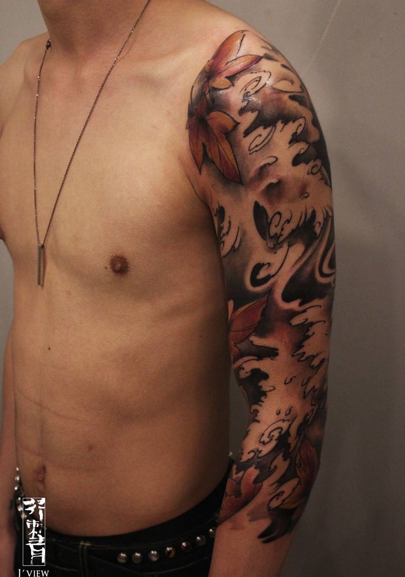 枫流纹身图片_成品手稿手臂传统国画原创植物鬼神纹身图案