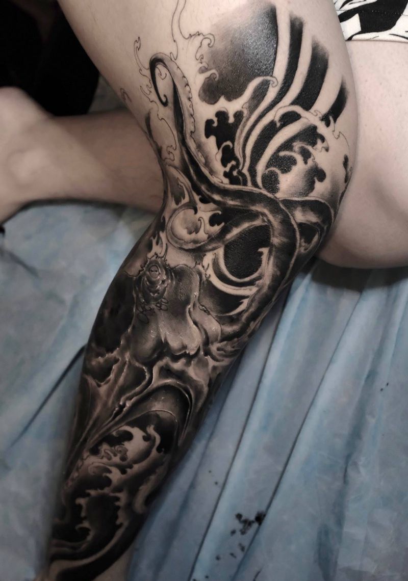 进度纹身图片_腿部新传统纹身图案