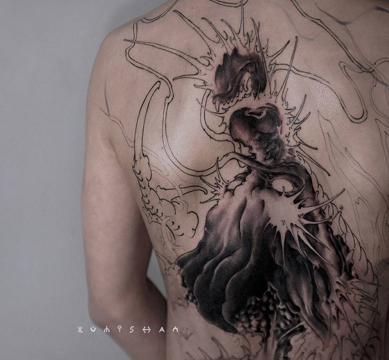 满背进度_纹身图片_手臂腿部新传统龙纹身图案