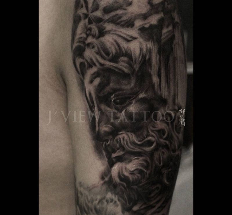 Zeus纹身图片_手稿成品手臂腿部肖像欧美写实原创宗教人物纹身图案