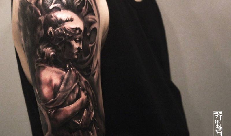 整臂进度纹身图片_手稿成品手臂肖像写实欧美原创人物宗教纹身图案
