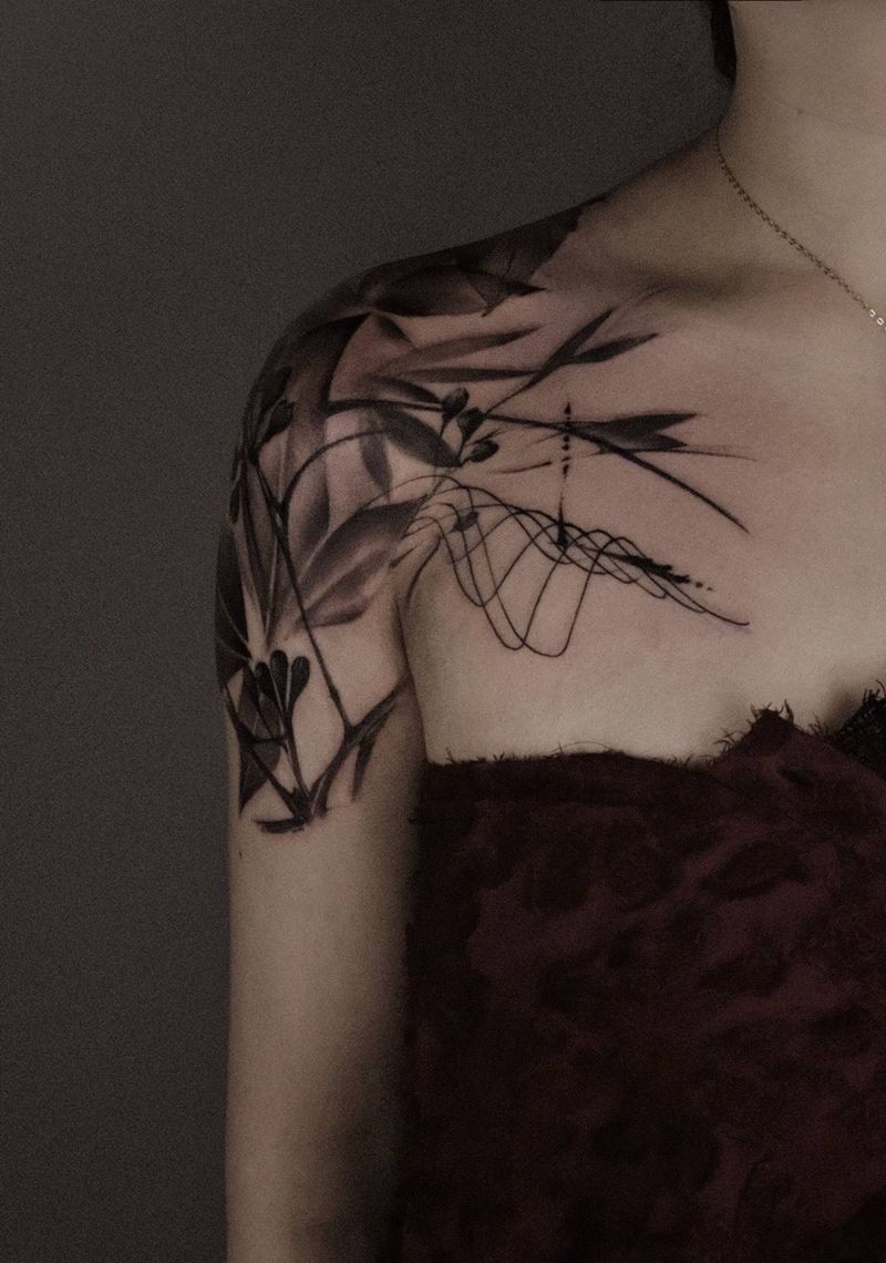 进度纹身图片_肩部水墨纹身图案