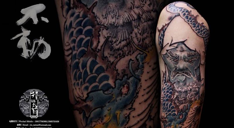 御龙达摩纹身图片_手稿腿部成品手臂国画传统习俗原创鬼神宗教纹身图案