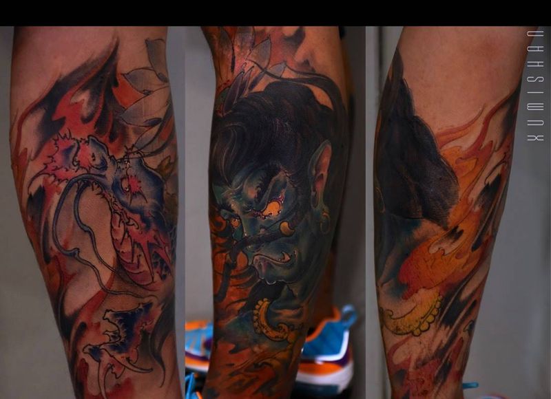 不動明王纹身图片_手稿成品腿部习俗肖像国画传统原创人物鬼神纹身图案
