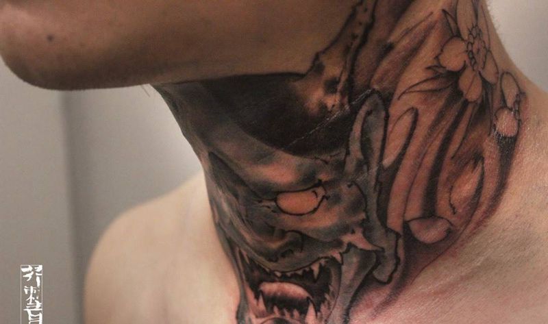 半程纹身图片_手稿成品颈部传统国画习俗原创鬼神宗教纹身图案