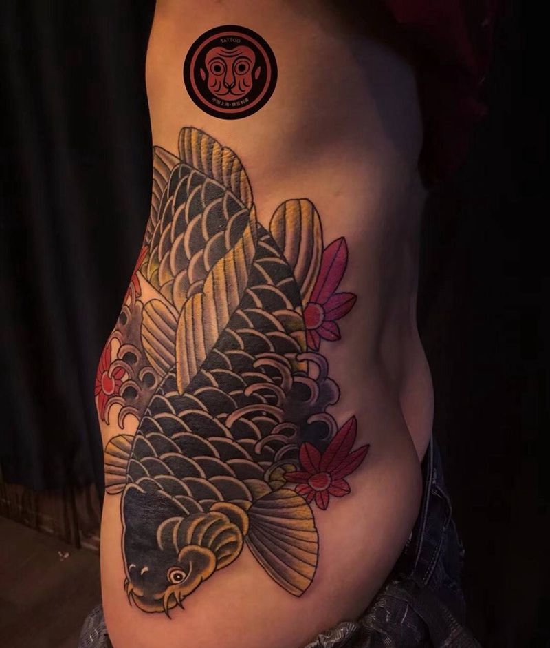 鲤鱼纹身图片_手稿成品腹部臀部传统几何动物鬼神情侣原创纹身图案