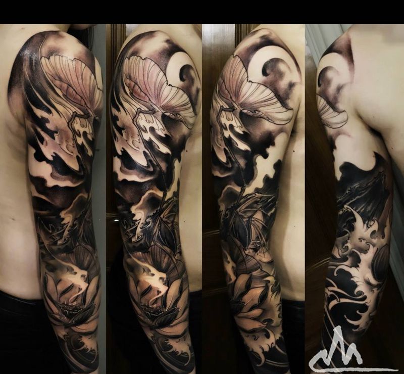 荷.叶纹身图片_手稿成品手臂腿部国画习俗传统原创植物图腾纹身图案