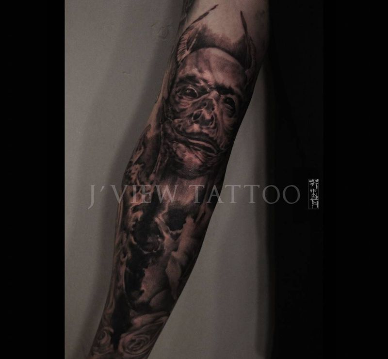 撒大人纹身图片_手稿成品手臂欧美写实原创鬼神宗教人物肖像纹身图案