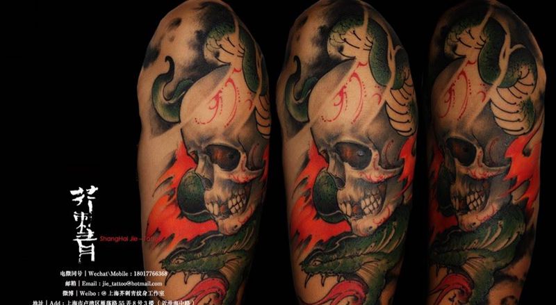 蛇•骨纹身图片_成品手稿手臂国画传统原创鬼神动物宗教纹身图案