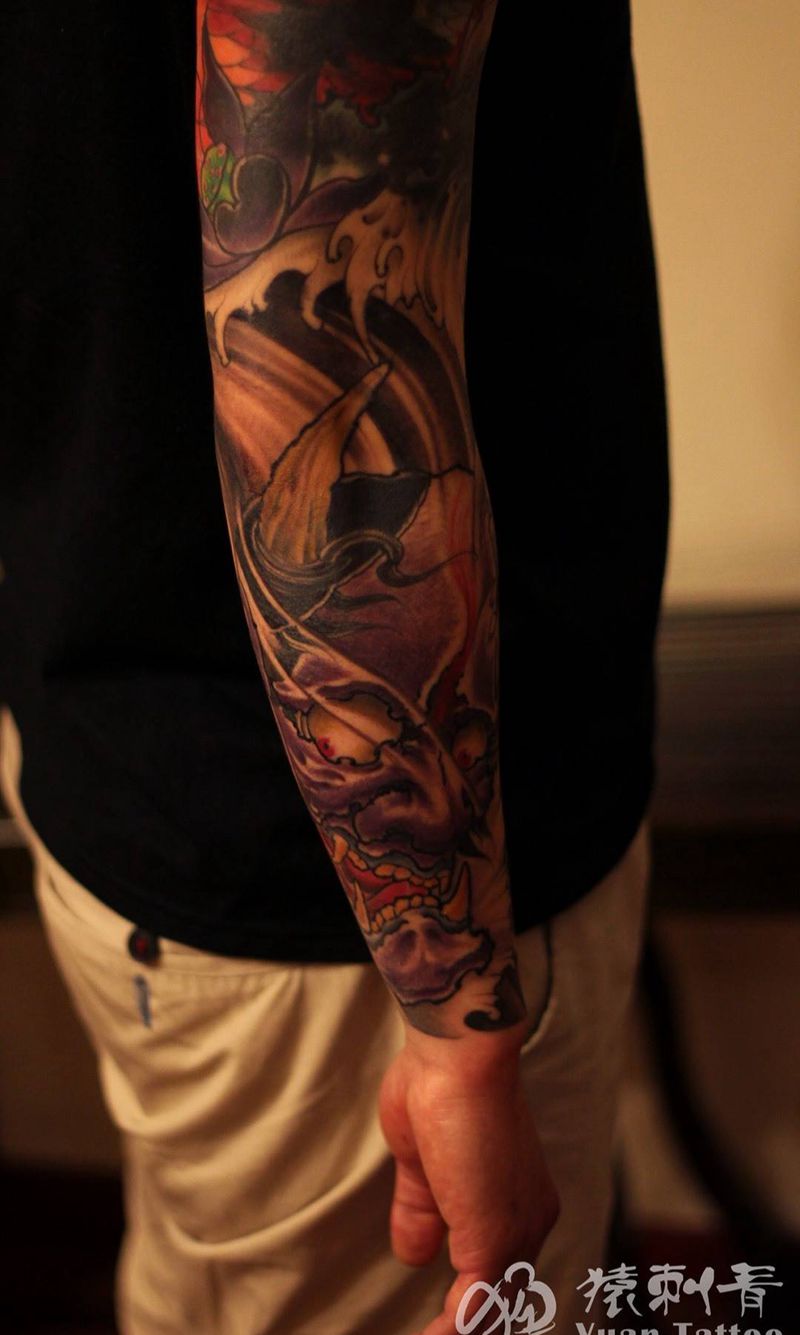 传统彩色花臂纹身图片