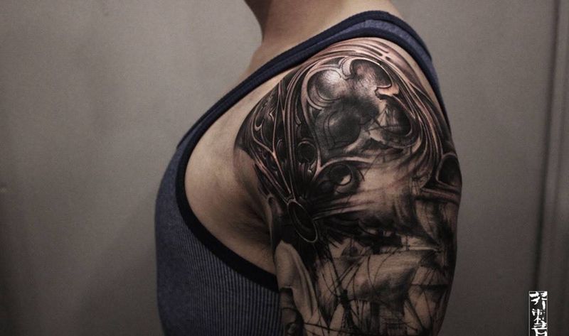 Rose window纹身图片_成品手稿肩部欧美写实原创宗教手臂腿部纹身图案