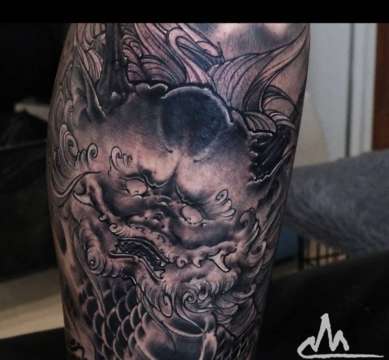 黑灰 麒麟_收尾纹身图片_手稿成品手臂腿部习俗传统国画原创鬼神动物纹身图案